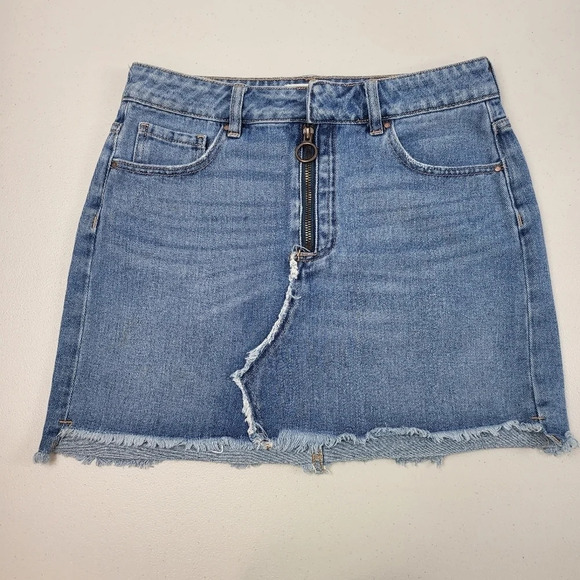 PACSUN Medium Wash Denim Zip Front Mini Skirt Sz 26 - Picture 1 of 10